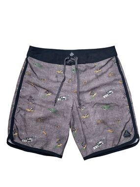 Prana Men's Heather Gray Palm & Surf Print Swim Shorts with Black Trim